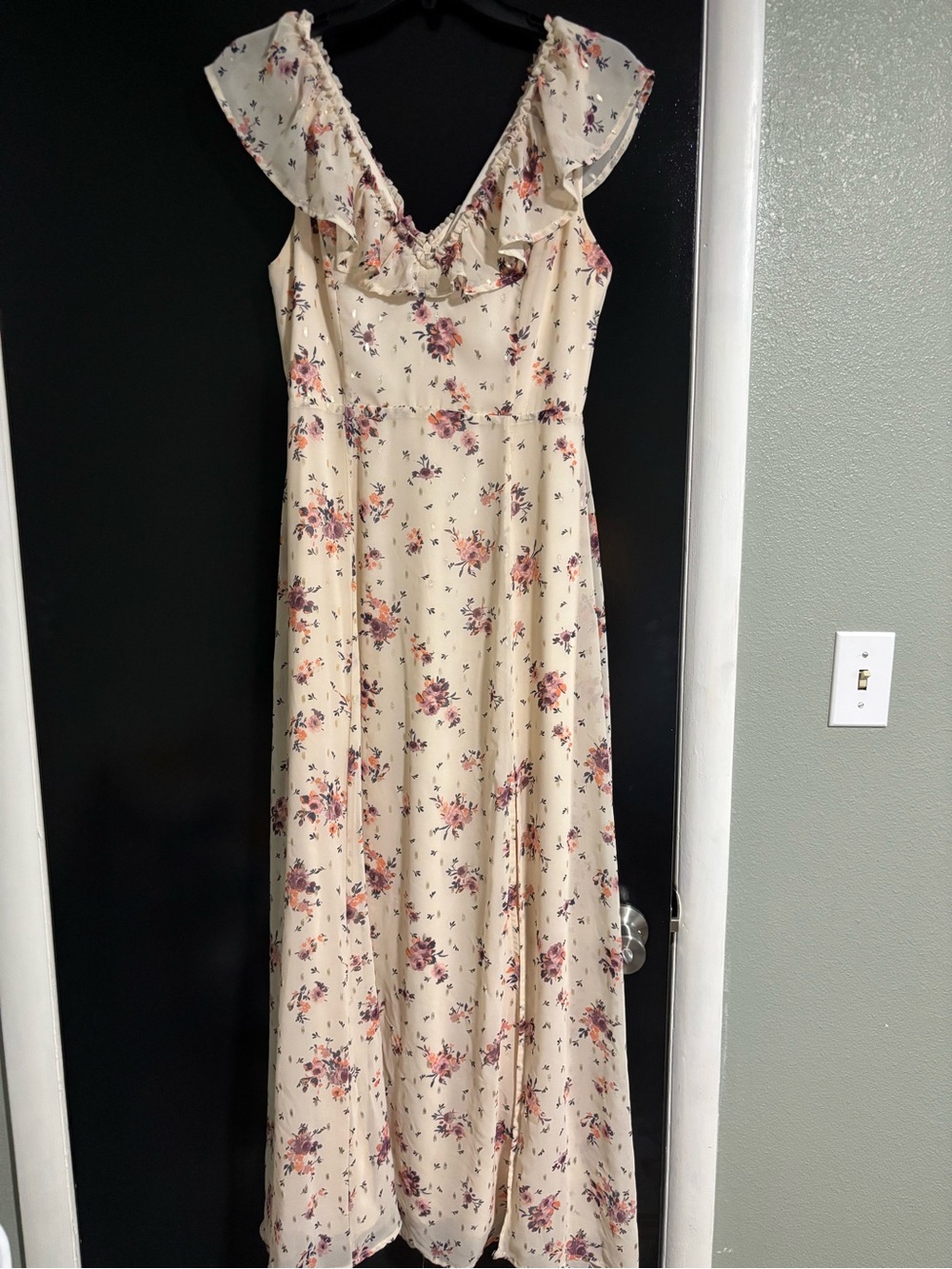 miami Cream Floral Ruffle V-Neck Maxi Dress